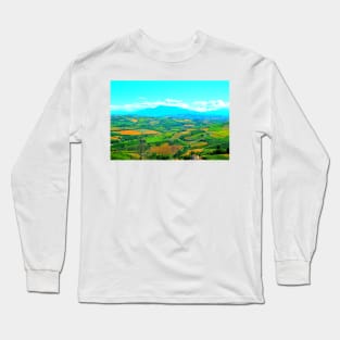 Scene in Carassai with fields sectoring the lands and impressive mountains Long Sleeve T-Shirt